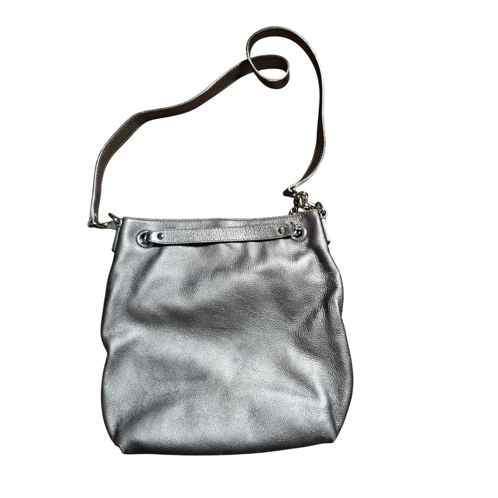 Michael Kors Metallic Silver Leather Crossbody Bag Chain Strap Convertible - Picture 2 of 6